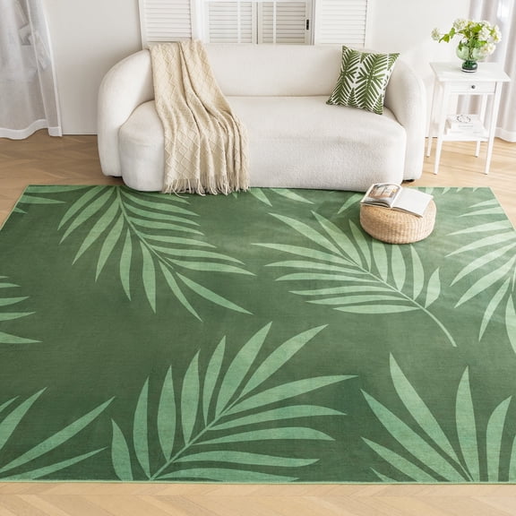 Sleep Zone 6x9 Washable Non Slip Area Rug Green Palm Leaf, Wave edge Scalloped Water Resistant Rug for Bedroom Living room