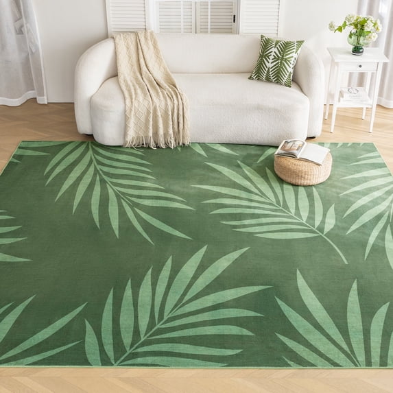 Sleep Zone 8x10 Washable Non Slip Area Rug Green Palm Leaf, Wave edge Scalloped Water Resistant Rug for Bedroom Living room