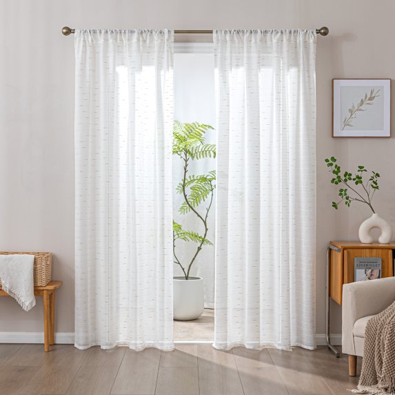 Sleep Zone Jacquard Stripes Sheer Curtains with Textured Weave, Semi-Blackout Curtain Panels Living Room Bedroom Bathroom 2 Panels, 52" x 95" White