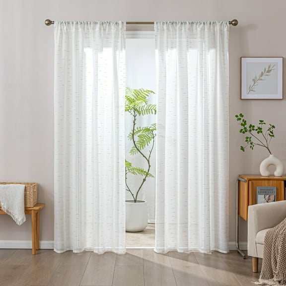 Sleep Zone Jacquard Stripes Sheer Curtains with Textured Weave, Semi-Blackout Curtain Panels Living Room Bedroom Bathroom 2 Panels, 52" x 95" White