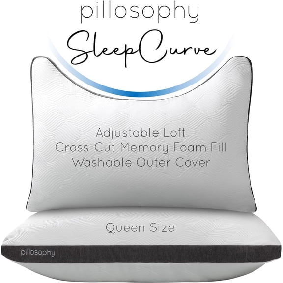 SleepCurve Pillow Adjustable Loft Gel-Infused Shredded Memory Foam Fill Ergonomic Curved Crescent Shape Washable Cooling Cover Back, Side, Stomach Sleepers (Queen Size, 1-Pack)