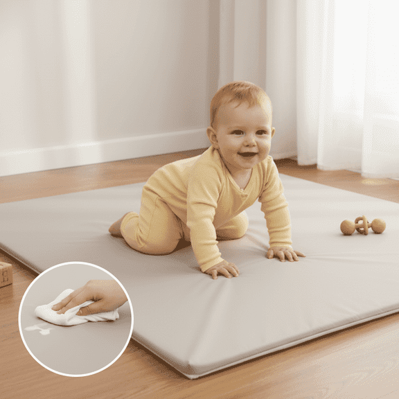Sleepah Baby Play Mat for Floor 50" x 50" – Waterproof Vegan Leather Tummy Time Mat – Easy to Clean with Removable Cover – Foam Support with Non-Slip Bottom for Infant, Kids & Toddler Crawling