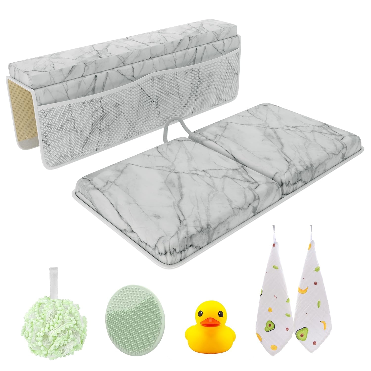 Sleepah Bath Kneeler and Elbow Kneeling Rest Pad Set for Baby Bathing – Waterproof Soft  Mat Organizer Foldable Non-Slip for Baby & Toddler Bath Time Toys Sponge Cloth (Marble)
