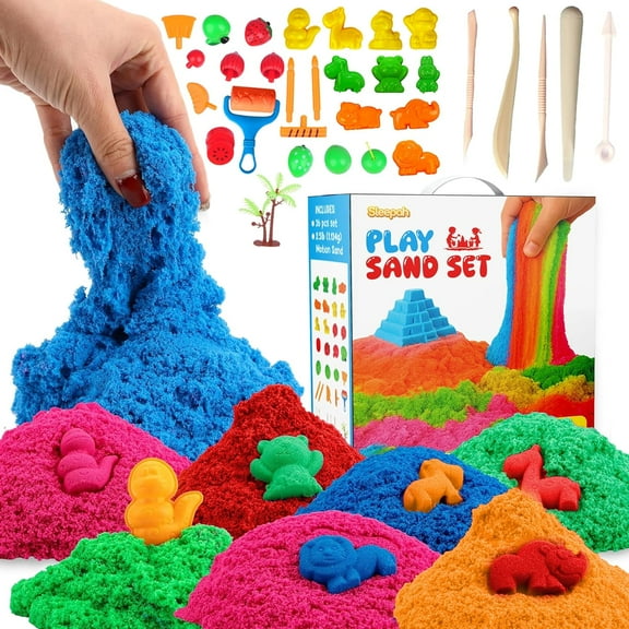 Sensory Play Sand Set 5 Colors 31 Molds & Tools - Large Arts & Crafts Gift No Mess Sensory Bin for Girls & Boys Sandbox Activity Playsand Birthday Gift Kids 3 4 5 6 7 8 Years Indoor Outdoor Fun