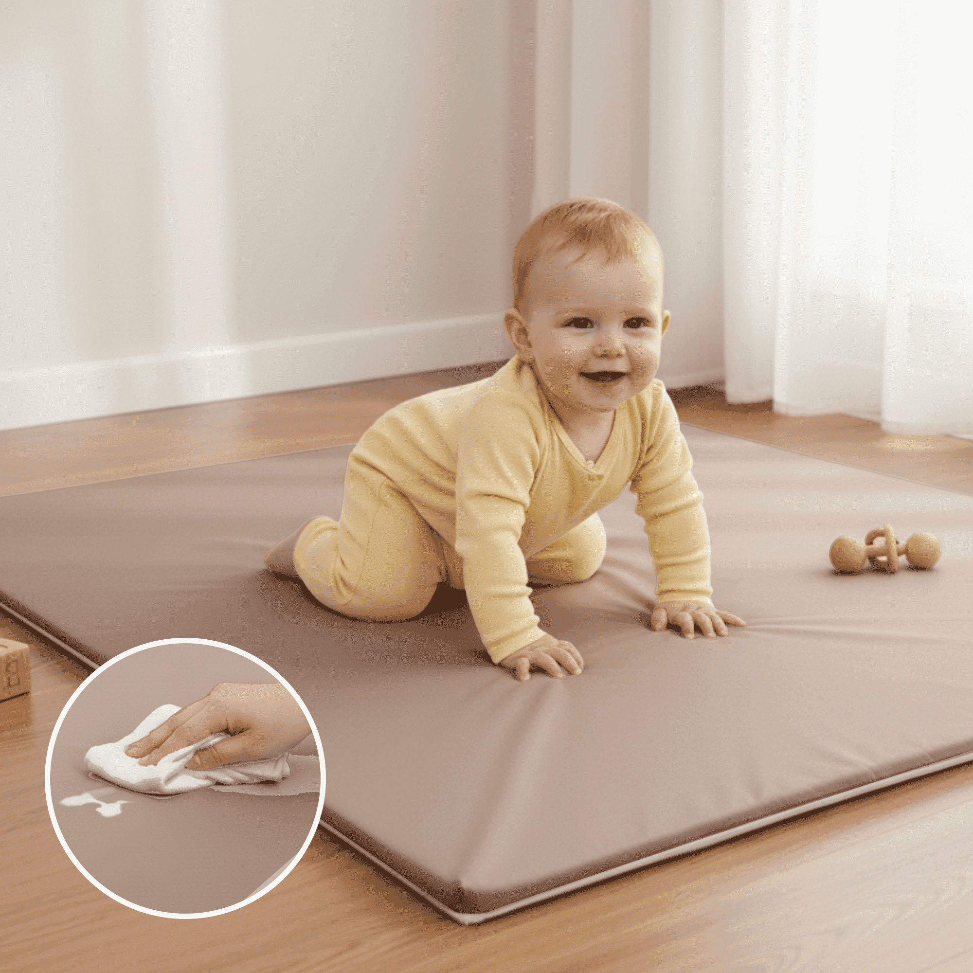 Sleepah Baby Play Mat for Floor 50" x 50" – Waterproof Vegan Leather Tummy Time Mat – Easy to Clean with Removable Cover – Foam Support with Non-Slip Bottom for Infant, Kids & Toddler Crawling - Tan