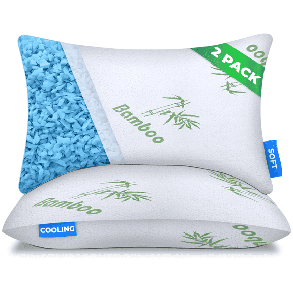 Sleepavo Adjustable Cooling Pillows Queen Size Set of 2 - Extra Soft Shredded Memory Foam Best Pillows for Sleeping - Back, Stomach, Side Sleeper Firm, Comfy Cool - 2 Pack, Rayon Derived from Bamboo