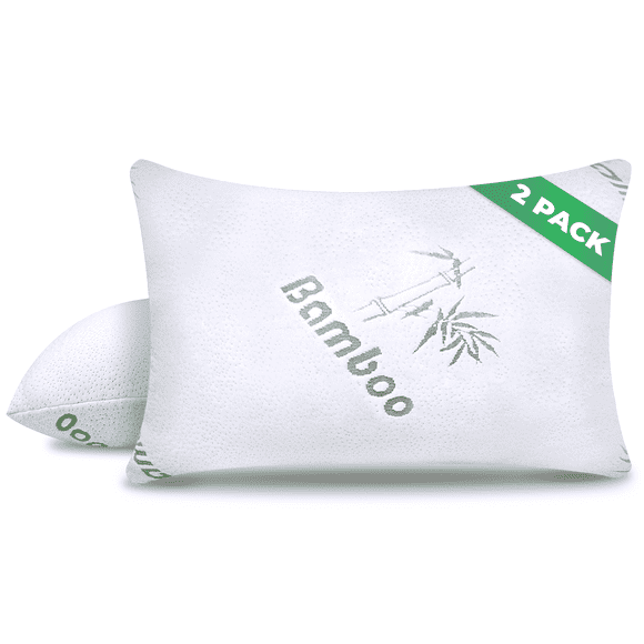 Sleepavo Memory Foam Pillows Queen Size Set of 2 - Cooling Bed Pillows for Sleeping - Back, Stomach, Side Sleeper Firm, Comfy Cool Shredded - 2 Pack, Rayon Derived from Bamboo for Adult, Teen, Kids