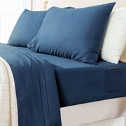 Sleepdown 100% Cotton Flannel Sheets Cal King Size Bed Sheets Set with Deep Pockets, Brushed Flannel with Elastic Fitted Sheet Set, Soft & Cozy Sheets - 4 Piece Bedding and Pillowcase set, Navy