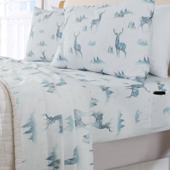 Sleepdown 100% Cotton Flannel Sheets Cal King Size Bed Sheets Set with Deep Pockets, Brushed Flannel with Elastic Fitted Sheet Set, Soft & Cozy Sheets - 4 Piece Bedding and Pillowcase set, Stag