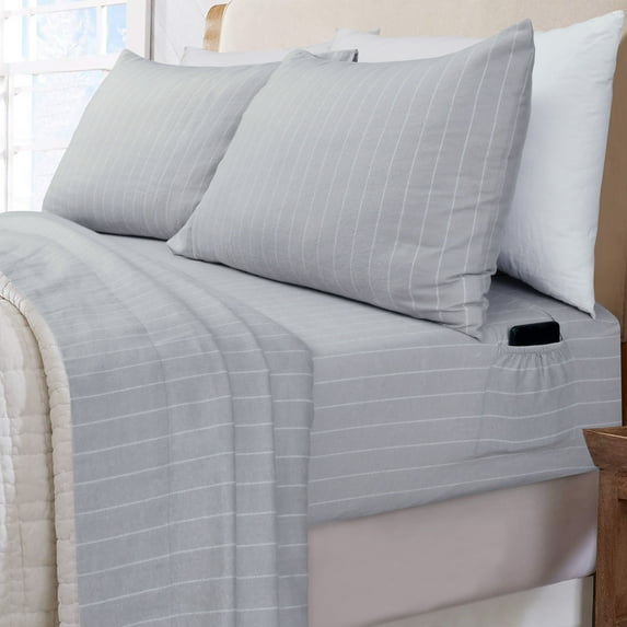 Sleepdown 100% Cotton Flannel Sheets Full Size Bed Sheets Set with Deep Pockets Brushed Flannel with Elastic Fitted Sheet Set, Soft & Cozy Sheets, 4 Pc Bedding and Pillowcase set, Grey Pin Stripe