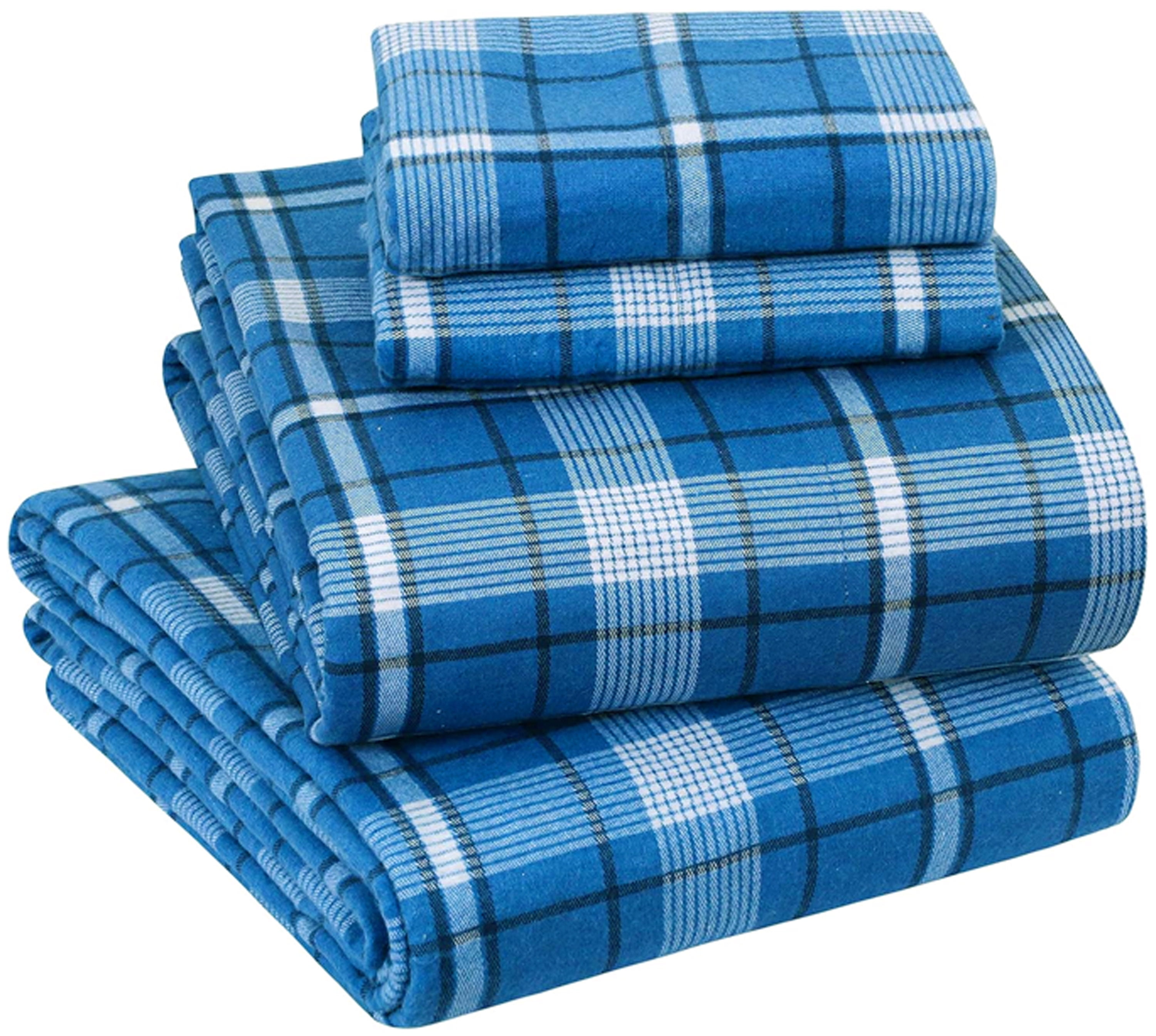 Full Dark Blue Plaid Cotton Flannel Deep Pocket Sheet Set