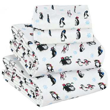 Sleepdown 100% Cotton Flannel Sheets Full Size Bed Sheets Set with Deep Pockets, Brushed Flannel with Elastic Fitted Sheet Set, Soft & Cozy Sheets - 4 Piece Bedding and Pillowcase set - Penguin