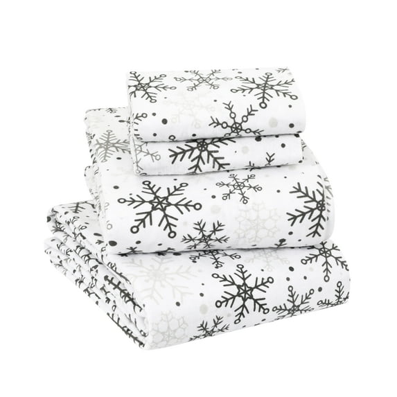 Sleepdown 100% Cotton Flannel Sheets King Size Bed Sheets Set with Deep Pockets Brushed Flannel with Elastic Fitted Sheet Set, Soft & Cozy Sheets 4 Piece Bedding and Pillowcase set, Grey Snowflakes