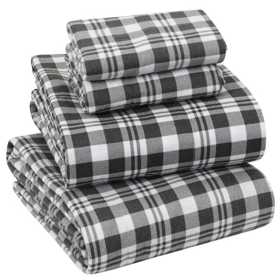 Sleepdown 100% Cotton Flannel Sheets King Size Bed Sheets Set with Deep Pockets, Brushed Flannel with Elastic Fitted Sheet Set, Soft & Cozy Sheets - 4 Piece Bedding and Pillowcase set - Grey Plaid