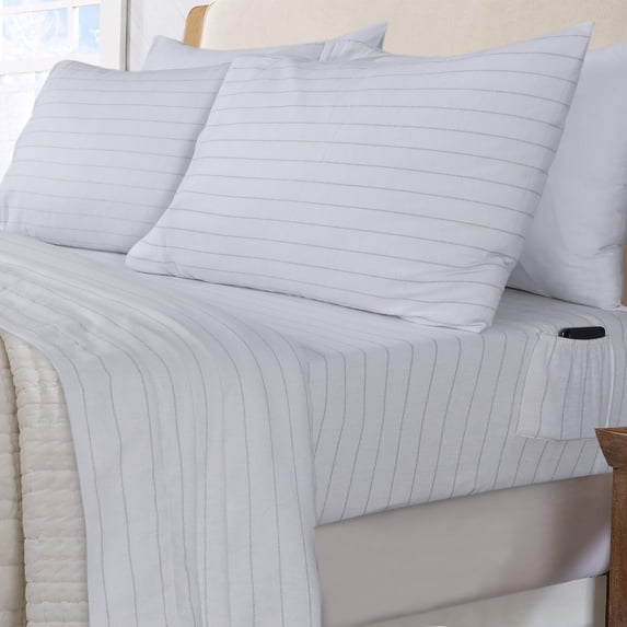 Sleepdown 100% Cotton Flannel Sheets Queen Size Bed Sheets Set with Deep Pockets, Brushed Flannel with Elastic Fitted Sheet Set, Soft & Cozy Sheets - 4 Piece Bedding and Pillowcase set, White Stripe