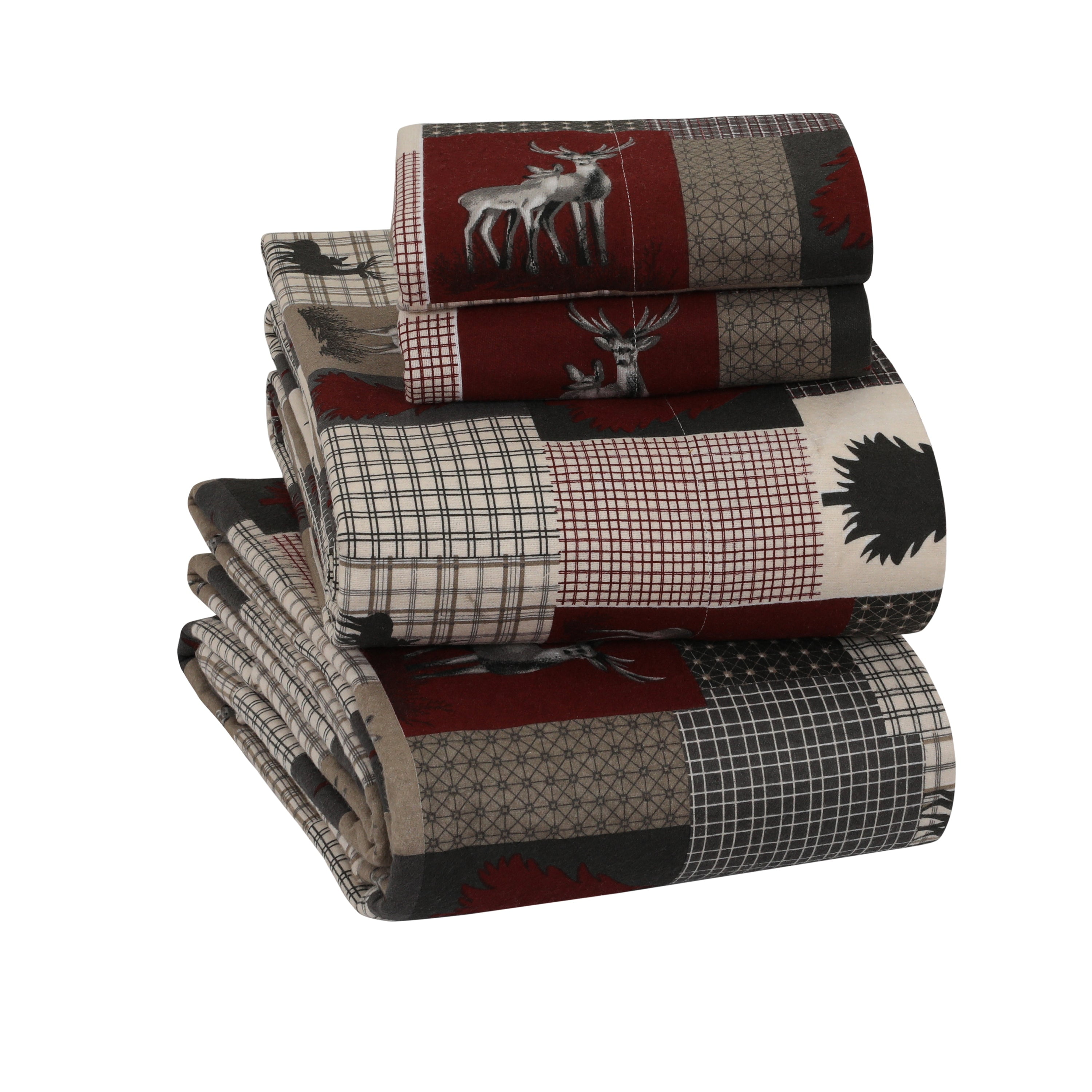 Twin Gray and Red Cotton Flannel Deep Pocket Bed Sheet Set