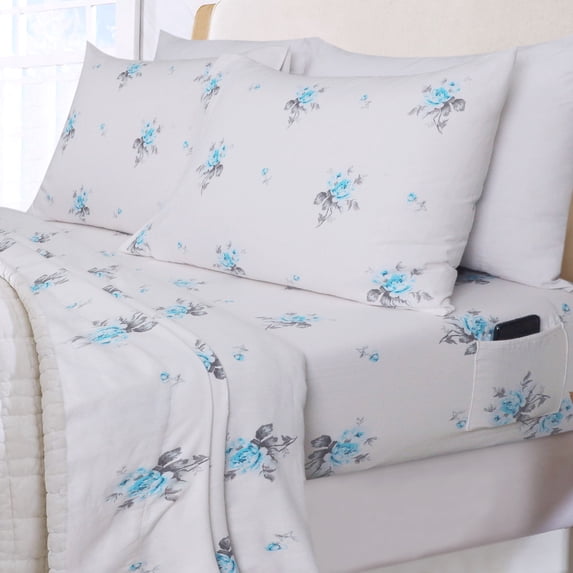 Sleepdown 100% Cotton Flannel Sheets Twin Size Bed Sheets Set with Deep Pockets, Brushed Flannel with Elastic Fitted Sheet Set, Soft & Cozy Sheets - 3 Piece Bedding and Pillowcase set, Blue Floral