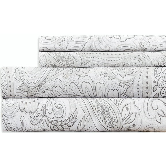 Sleepdown 100% Cotton Full Sheet Set, Ultra Soft Cotton Bed Sheet, Cozy percale sheets Elastic Fitted Sheet Set Lightweight and breathable bedding set, Paisely Grey