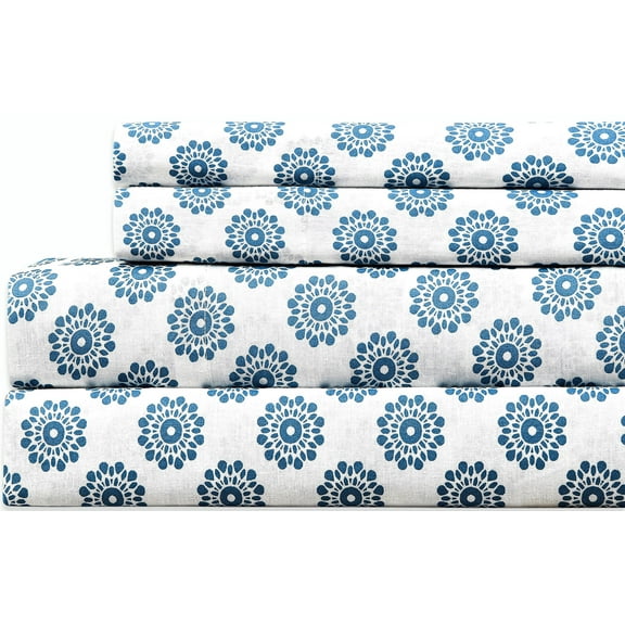 Sleepdown 100% Cotton Full Size Bed Sheets Set with Deep Pockets, Cozy Percale sheets with Elastic Fitted Sheet Set Ultra Soft Cooling Sheets - 4 Piece Bedding and Pillowcase set, Mandalas Blue