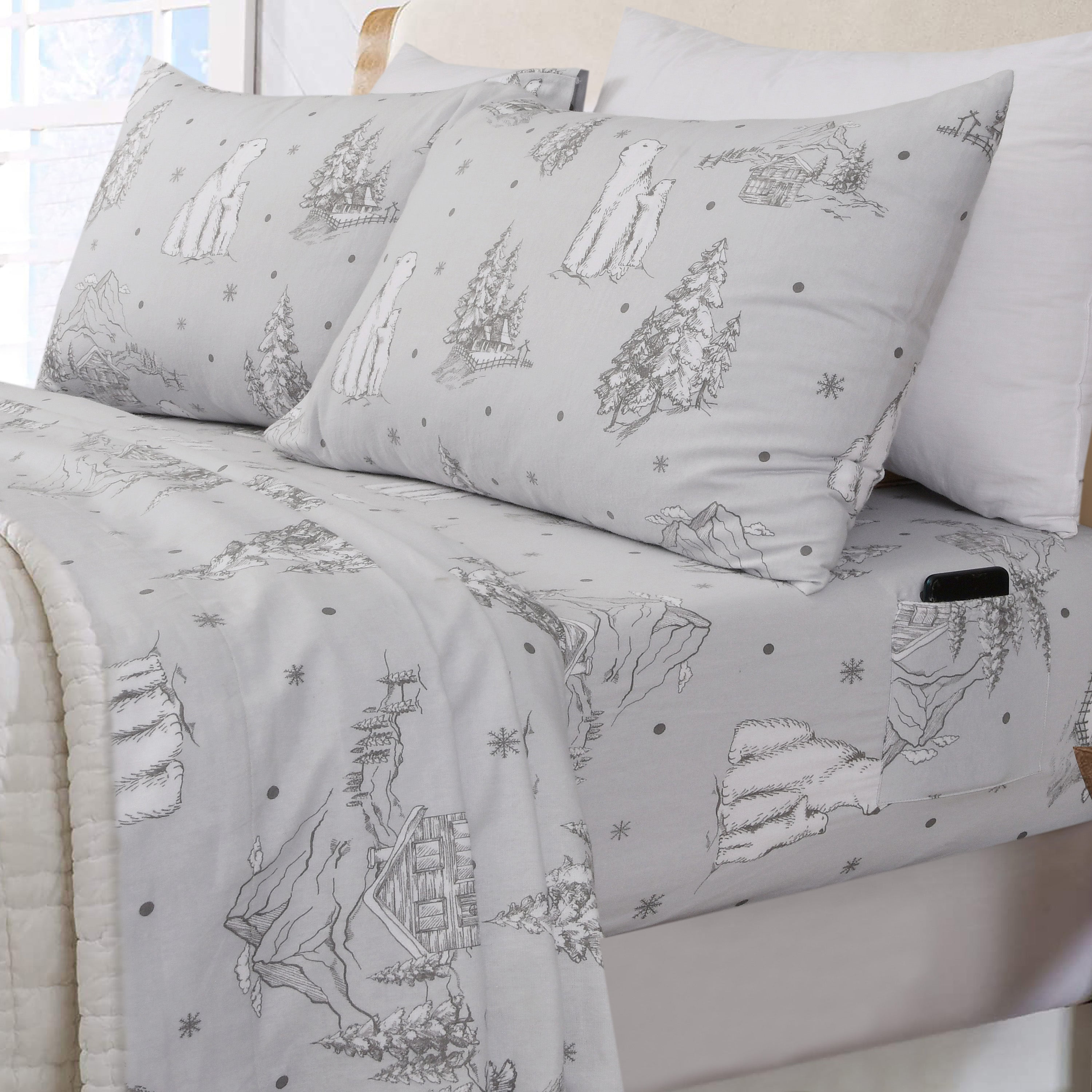 Gray Cotton Flannel King Sheet Set with Polar Bear Print