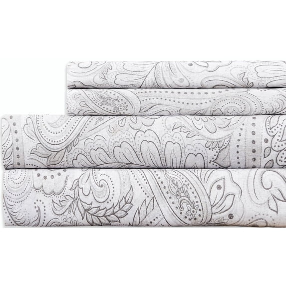 Sleepdown 100% Cotton Queen Sheet Set, Ultra Soft Cotton Bed Sheet, Cozy percale sheets Elastic Fitted Sheet Set Lightweight and breathable bedding set, Paisely Grey