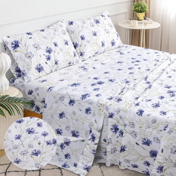 Sleepdown 100% Cotton Queen Size Bed Sheets Set with Deep Pockets, Cozy Percale sheets with Elastic Fitted Sheet Set Ultra Soft Cooling Sheets - 4 Piece Bedding and Pillowcase set, Lavender