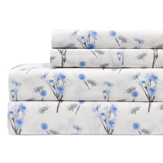 Sleepdown 100% Cotton Queen Size Bed Sheets Set with Deep Pockets, Cozy Percale sheets with Elastic Fitted Sheet Set Ultra Soft Cooling Sheets - 4 Piece Bedding and Pillowcase set, Blue Floral