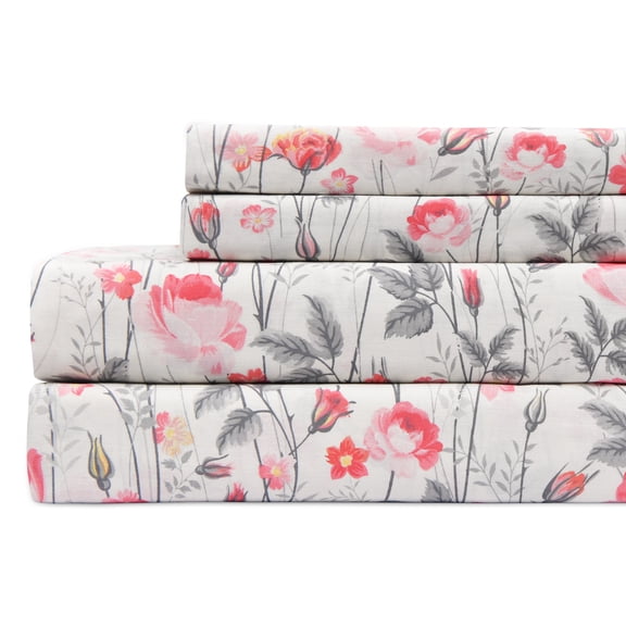 Sleepdown 100% Cotton Full Size Bed Sheets Set with Deep Pockets, Cozy Percale sheets with Elastic Fitted Sheet Set Ultra Soft Cooling Sheets - 4 Piece Bedding and Pillowcase set, Blush Floral