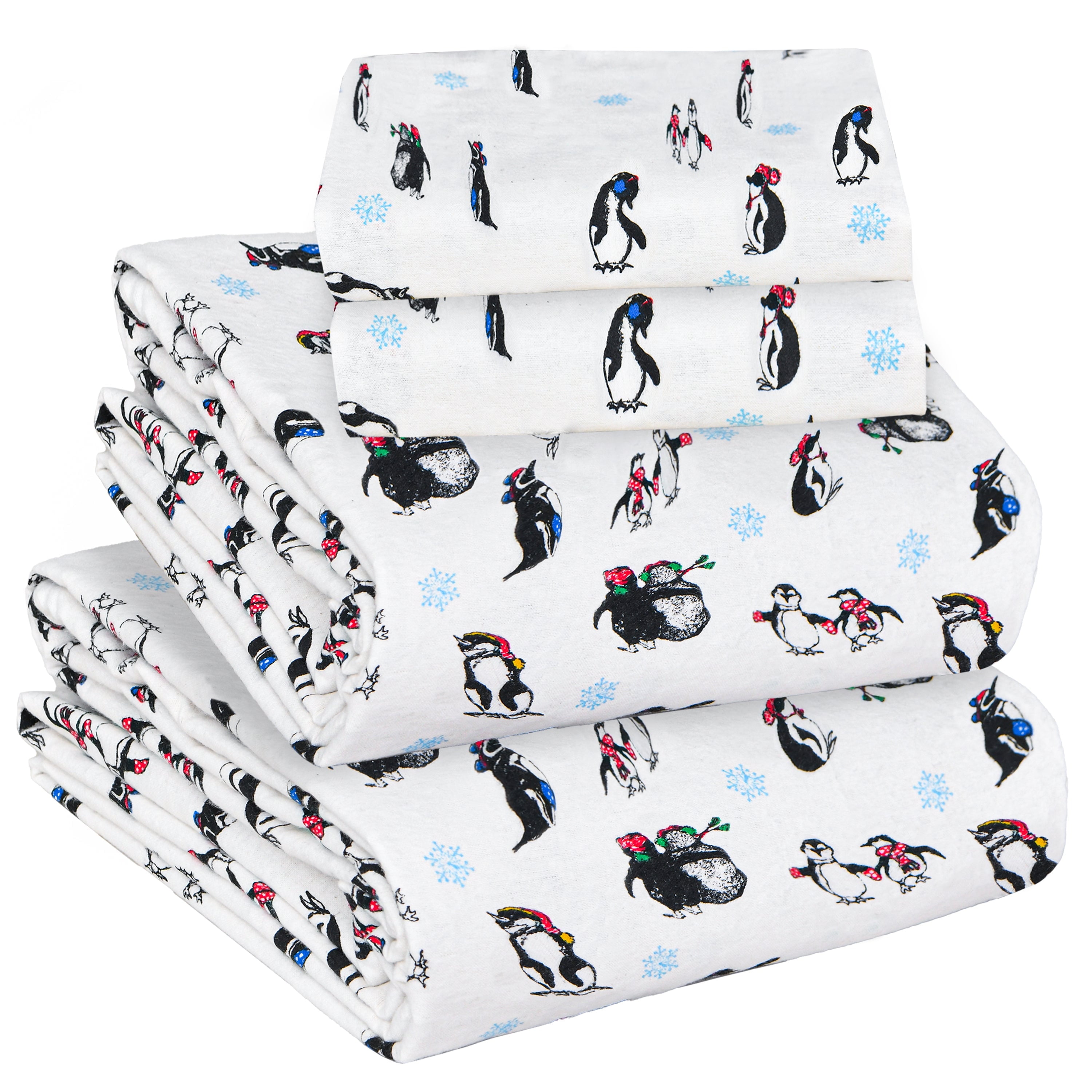 Twin White Cotton Flannel Deep Pocket Sheet Set with Penguin Print