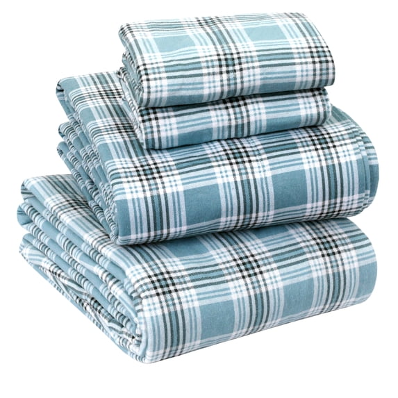 Sleepdown 100% Cotton Flannel Sheets Queen Size Bed Sheets Set with Deep Pockets, Brushed Flannel with Elastic Fitted Sheet Set, Soft & Cozy Sheets - 4 Piece Bedding and Pillowcase set - Green Plaid