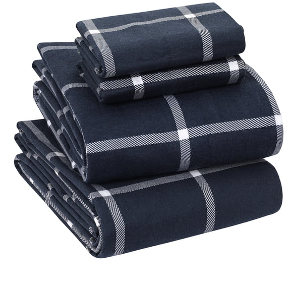 Sleepdown 100% Cotton Flannel Sheets Queen Size Bed Sheets Set with Deep Pockets, Brushed Flannel with Elastic Fitted Sheet Set, Soft & Cozy Sheets - 4 Piece Bedding and Pillowcase set - Navy Check