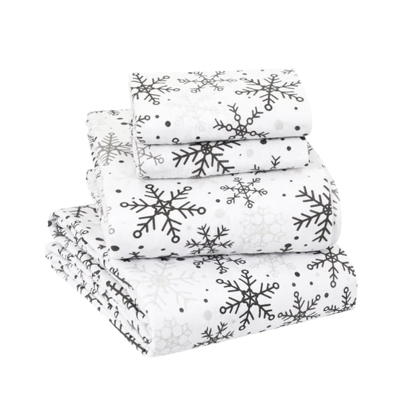 Sleepdown 4-Piece Snowflakes Gray 100% Cotton Flannel Bed Sheet Set, Queen – Deep Pocket