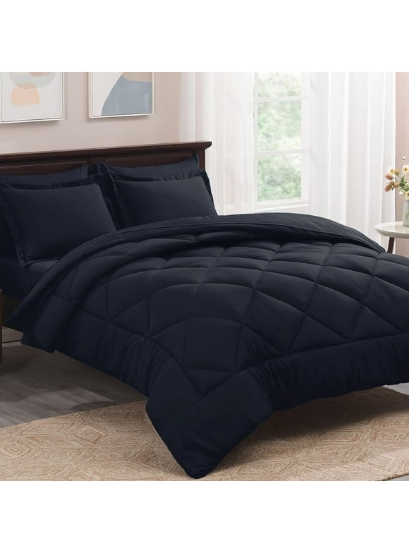 Sleepdown Queen Size 7 Piece Microfiber Comforter Set for All-Season Comfort | Down Alternative Hotel Bedding Sets, Ultra-Soft Queen Comforter Set with Sheets Bed In a Bag - Navy