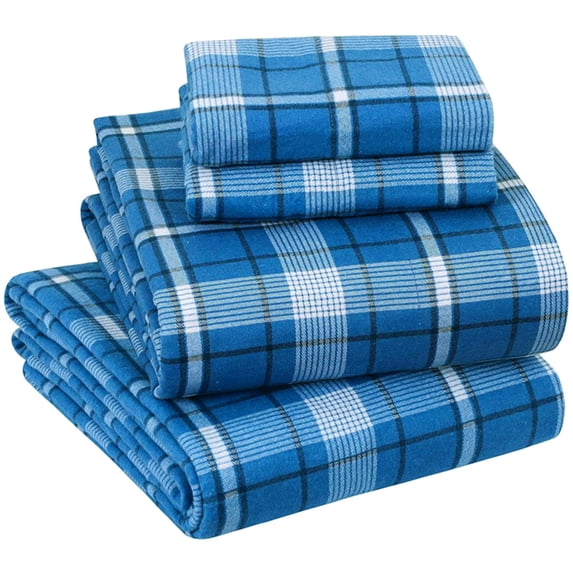 Sleepdown Twin XL Sheets - 100% Cotton Flannel Bed Sheets Set with Deep Pockets, Brushed Flannel with Elastic Fitted Sheet Set, Soft & Cozy Sheets, 3 Piece Bedding and Pillowcase set, Dark Blue Plaid
