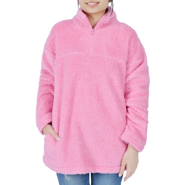 Sleepdown Women Oversized Sherpa Fleece Casual Sweatshirt for Women Pullover Fluffy Quarter Zipper Fuzzy Long Sleeve with Pockets Hot Pink XX Large Walmart Business Supplies