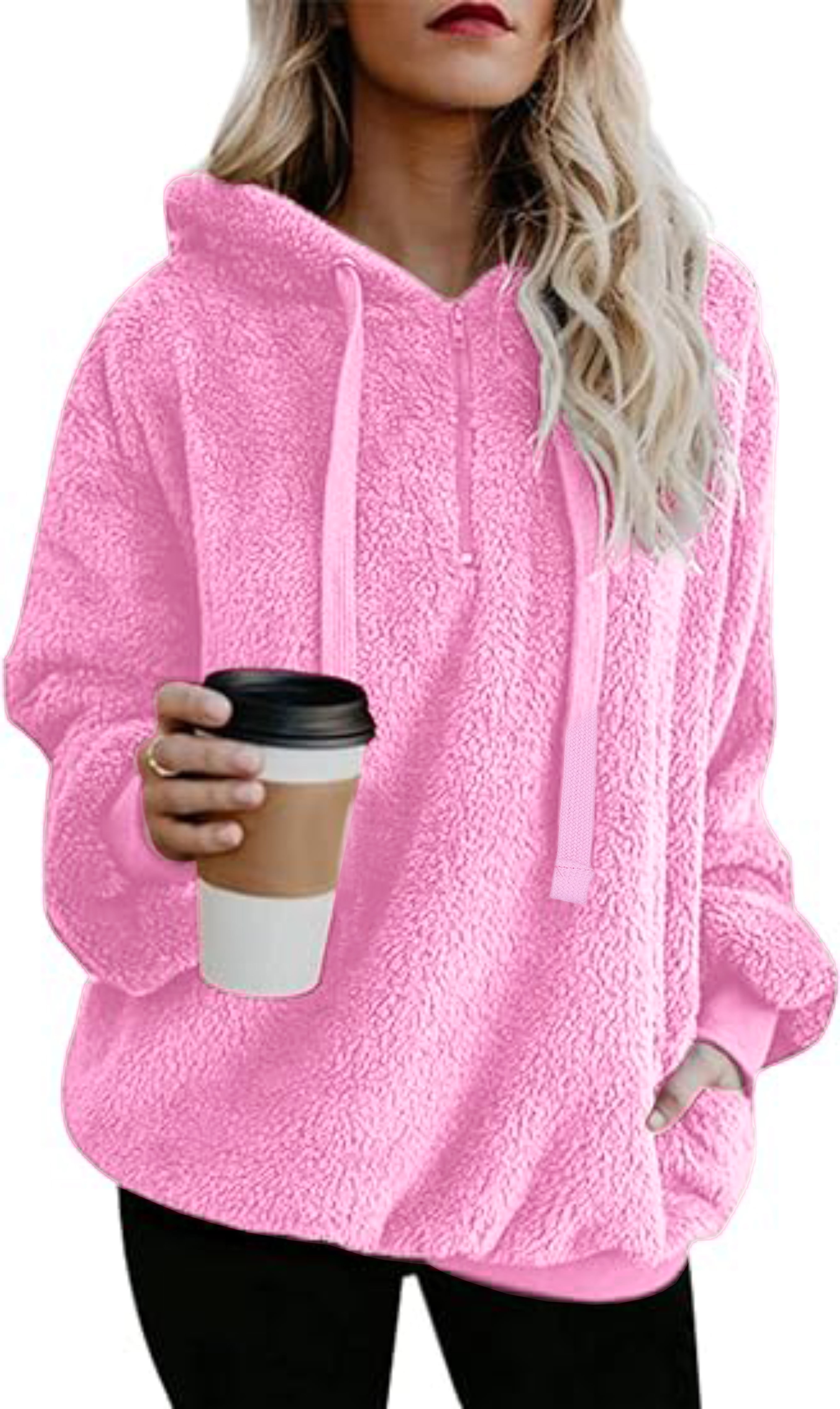 Sleepdown Women s Oversized Sherpa Fleece Long Sleeve Zip Up Pullover Hooded Sweatshirt with Pockets Sweatshirt for Women s Hot Pink Fluffy Coat Large Walmart