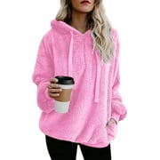 Sleepdown Women’s Oversized Sherpa Fleece Long Sleeve Zip Up Pullover Hooded Sweatshirt with Pockets Sweatshirt for Women’s Hot Pink Fluffy Coat, Small