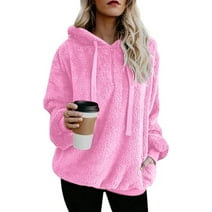 Sleepdown Women’s Oversized Sherpa Fleece Long Sleeve Zip Up Pullover Hooded Sweatshirt with Pockets Sweatshirt for Women’s Pink Fluffy Coat, Medium