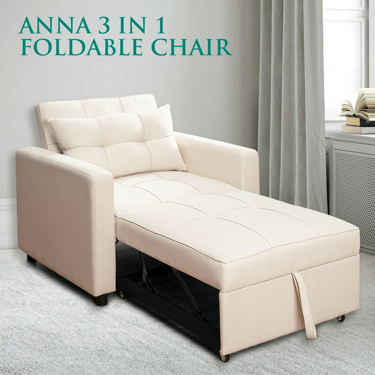 Naomi Home Anna 3 in 1 Comfy Linen Sleeper Chair Pull Out Couch for Small Rooms and Offices Foldable Guest Bed Cream Walmart