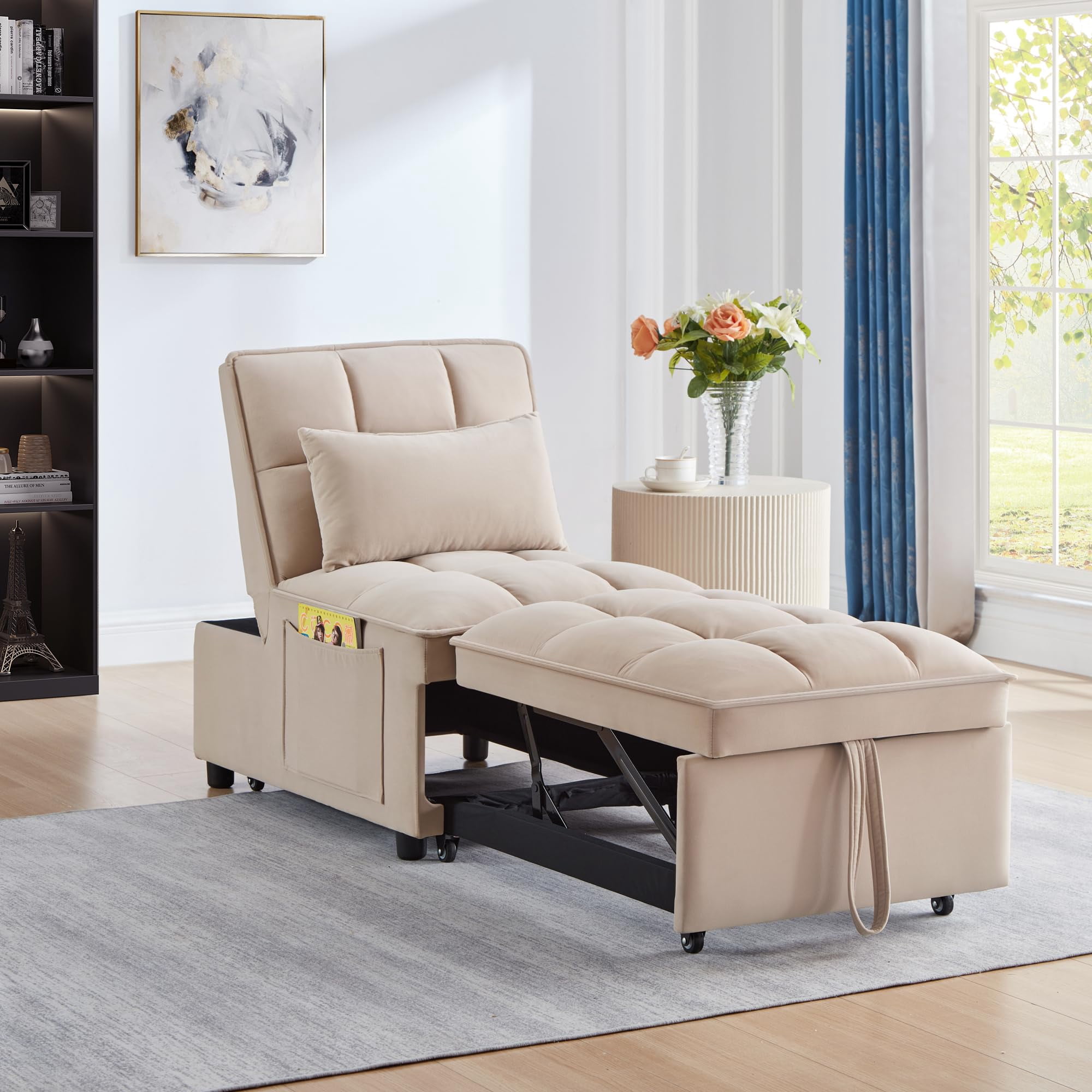 Sleeper Chair Bed, 4-in-1 Folding Convertible Sofa Bed with Adjustable Backrest, Pull Out Bed with Storage Pockets, Modern Velvet Chaise Lounge (Taupe)