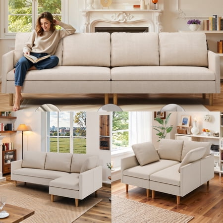 Convertible Sofa Bed, L Shaped Sectional Couch with Removable Armrest for Office, Living Room, Linen Fabric,Beige