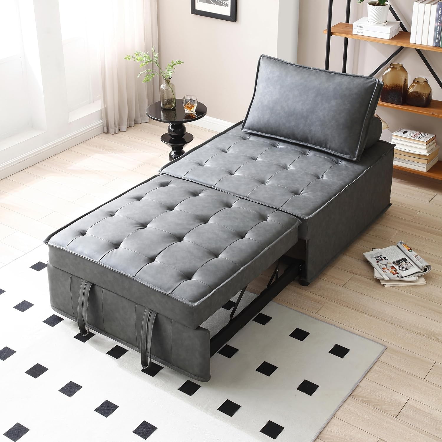 Sleeper Chair Bed Pull Out Sofa Bed Faux Leather Convertible Lazy Sofa