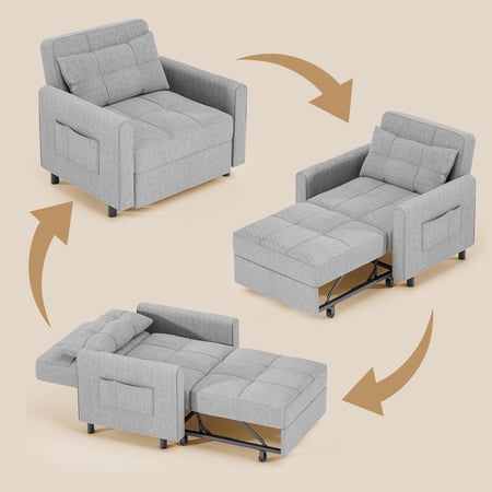 Sleeper Chair,Jolifa 3-in-1 Convertible Sofa Bed with Adjustable Backrest for Living Room, Dorm&Small Space ,Grey