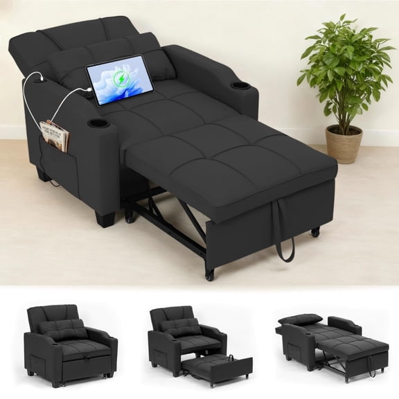 Sleeper Chair Pull Out Bed, 4 in 1 Convertible Sofa Chair Bed with Vibration Massage Lumbar Pillow, Single Sofa Recliner with USB/Type-C Port, Cup Holders & Side Pocket