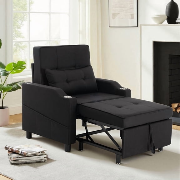 Sleeper Chair,Single Armchair Sofa with Pillow,Adjustable Backrest Recliner Sofa Modern Pull Out Couch Bed with USB Port Cup Holder Side Pocket,Black