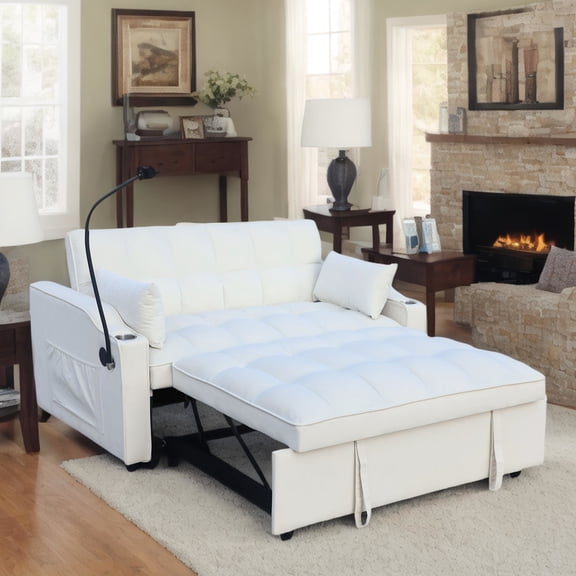 Sleeper Couch: 3 In 1 Convertible, Velvet, Pullout Bed, Adjustable Back, Pillows, Pockets, Beige Couch Bed: Modern Velvet With Pullout, , Easy Clean,
