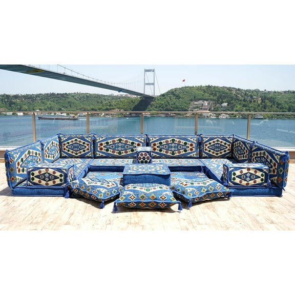 Sleeper Couch, Blue Turkish Sofa Set, Modular Sofa, Arabic Majlis Seating, Diwan Sofa, Floor Cushions for Adults, Meditation Cushion