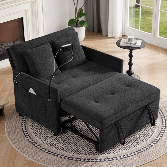 Sleeper Loveseat with USB and Type-C Ports, 3 in 1 Convertible Pull Out Sofa Bed with Phone Holder, Loveseat Sleeper Sofa for Living Room, Side Pockets, Adjustable Backrest, Black