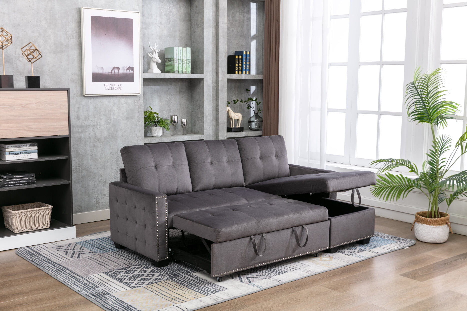Sleeper Sectional Sofa, 77 Inch Reversible L Shape Sleeper Sofa with