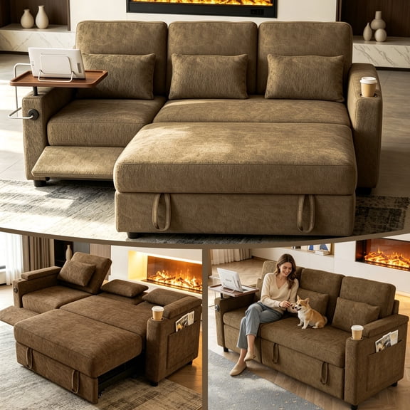 Sleeper Sectional Sofa, 83" Convertible Sofa Bed with Pull Out Couches, Adjustable Backrest and Seating, L Shaped Couch with Small Desktop, Modern Chenille Sofas for Living Room Apartment,Khaki